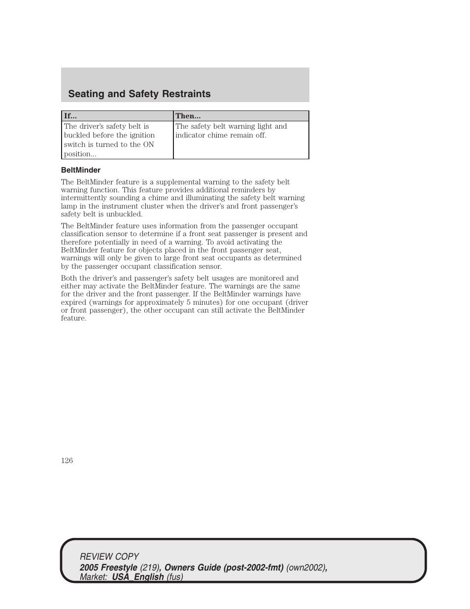 Seating and safety restraints | FORD 2005 Freestyle v.1 User Manual | Page 126 / 288