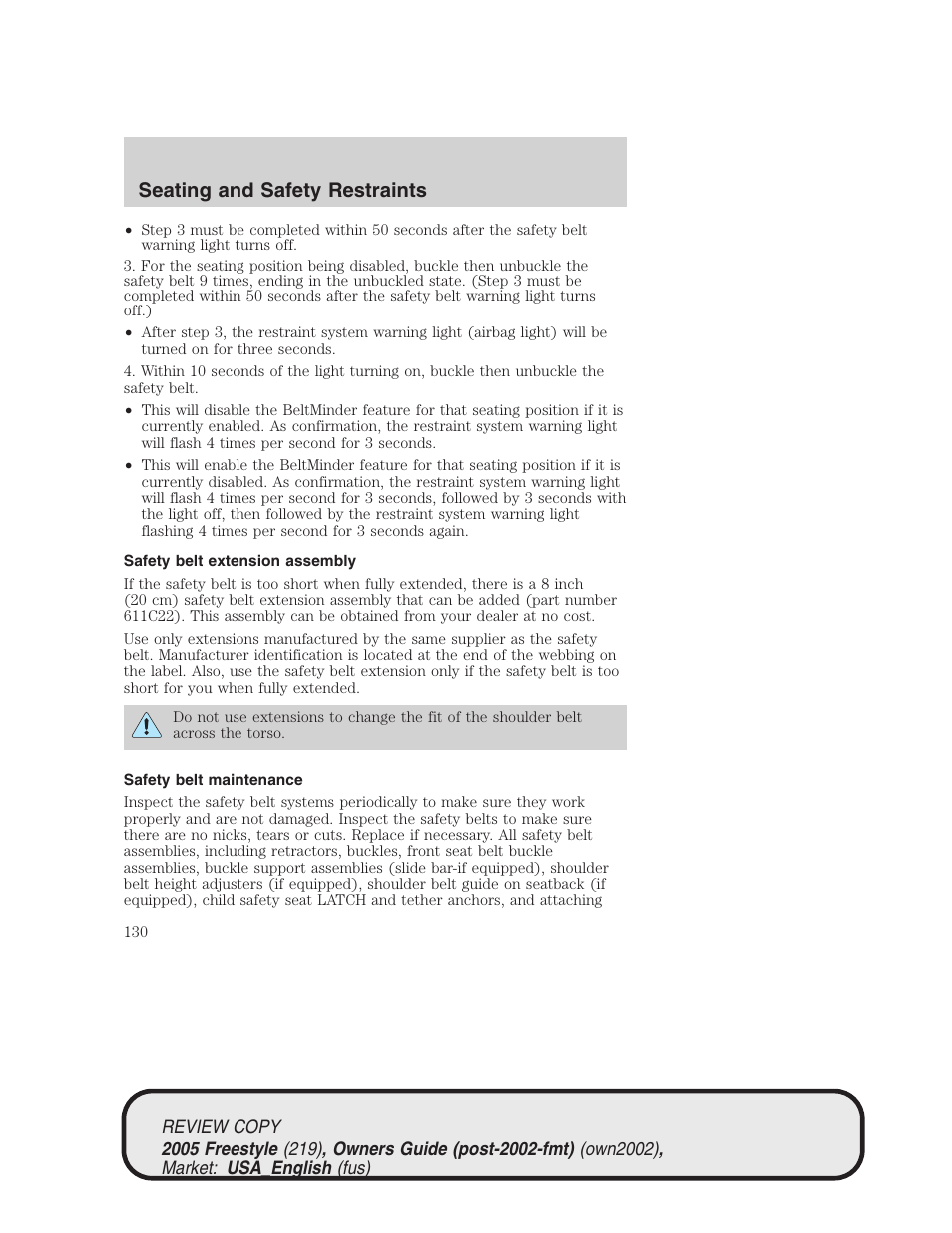 Seating and safety restraints | FORD 2005 Freestyle v.1 User Manual | Page 130 / 288