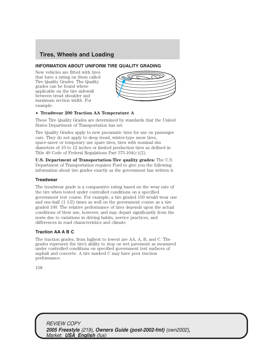 Tires, wheels and loading | FORD 2005 Freestyle v.1 User Manual | Page 158 / 288