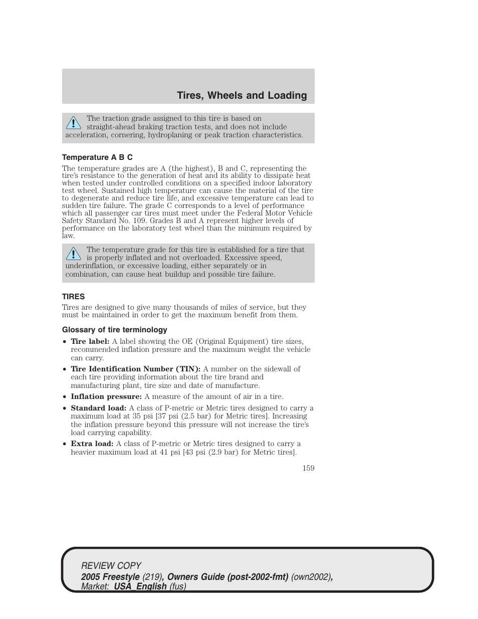Tires, wheels and loading | FORD 2005 Freestyle v.1 User Manual | Page 159 / 288