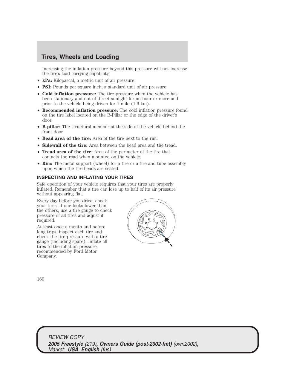 Tires, wheels and loading | FORD 2005 Freestyle v.1 User Manual | Page 160 / 288