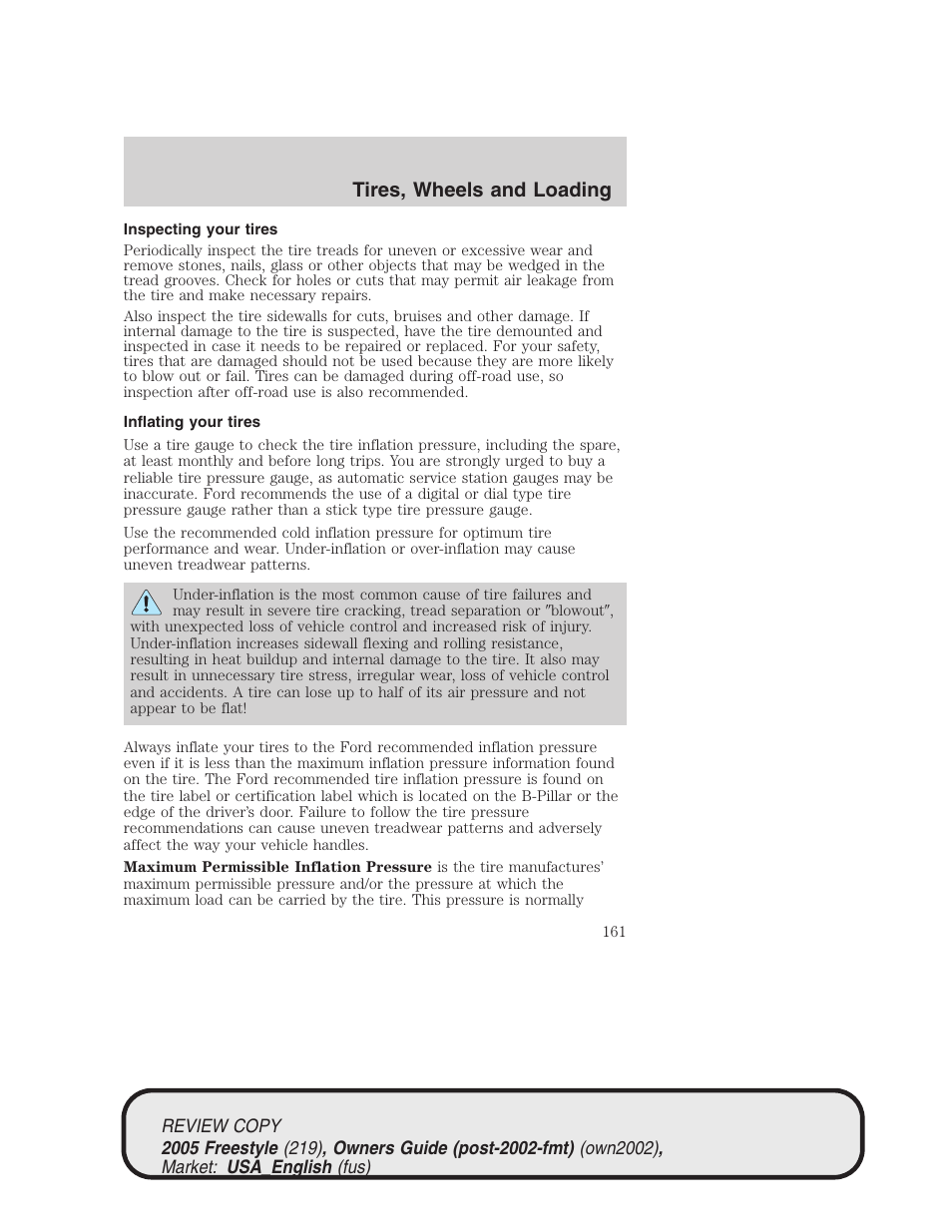 Tires, wheels and loading | FORD 2005 Freestyle v.1 User Manual | Page 161 / 288