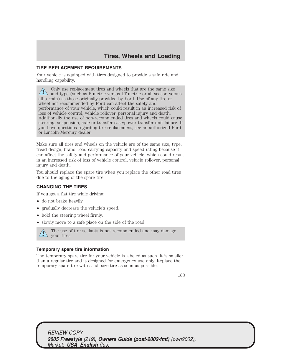 Tires, wheels and loading | FORD 2005 Freestyle v.1 User Manual | Page 163 / 288