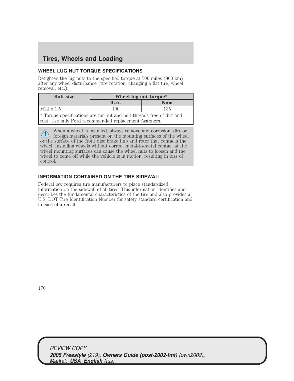 Tires, wheels and loading | FORD 2005 Freestyle v.1 User Manual | Page 170 / 288