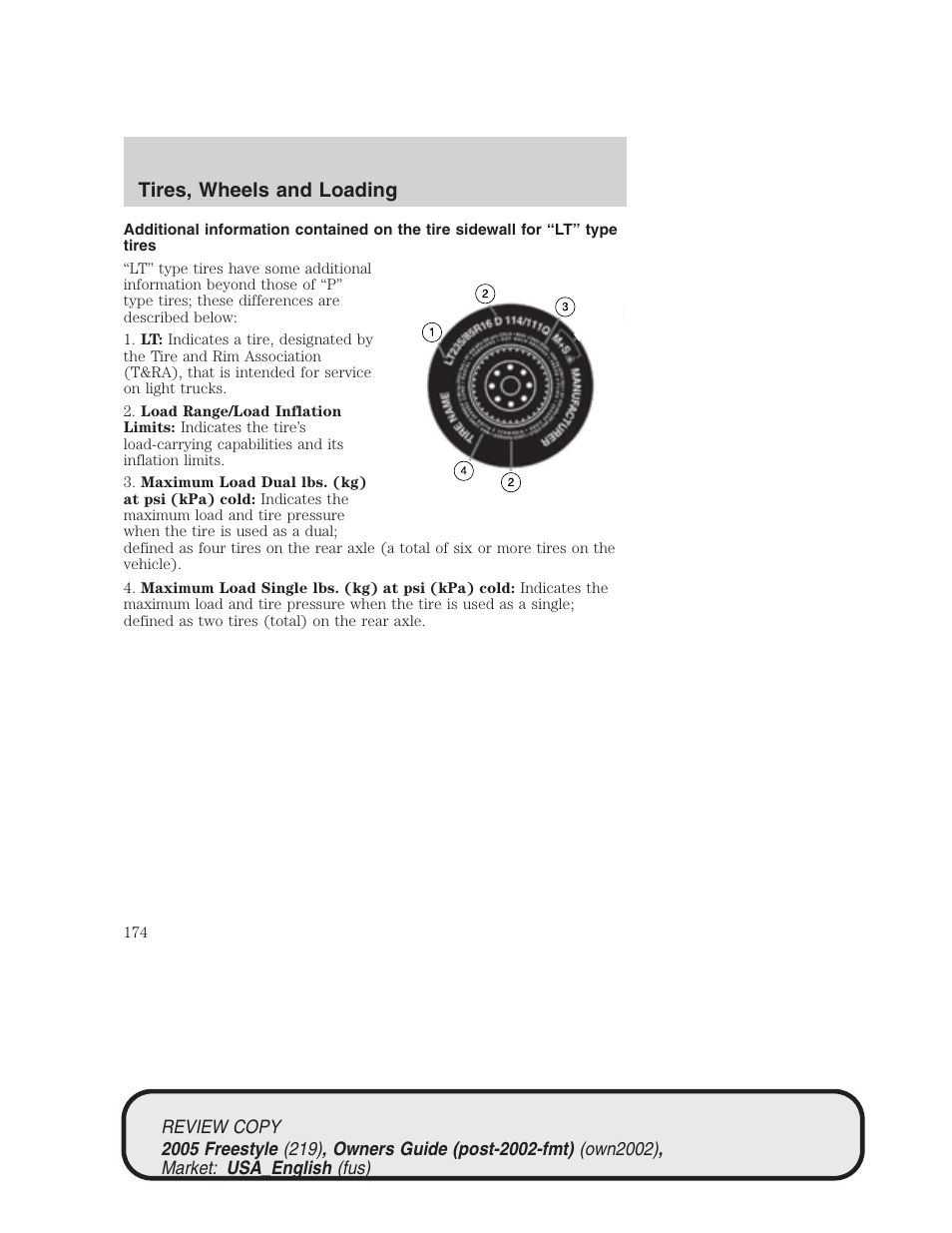 Tires, wheels and loading | FORD 2005 Freestyle v.1 User Manual | Page 174 / 288