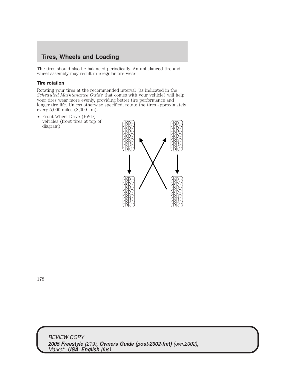 Tires, wheels and loading | FORD 2005 Freestyle v.1 User Manual | Page 178 / 288