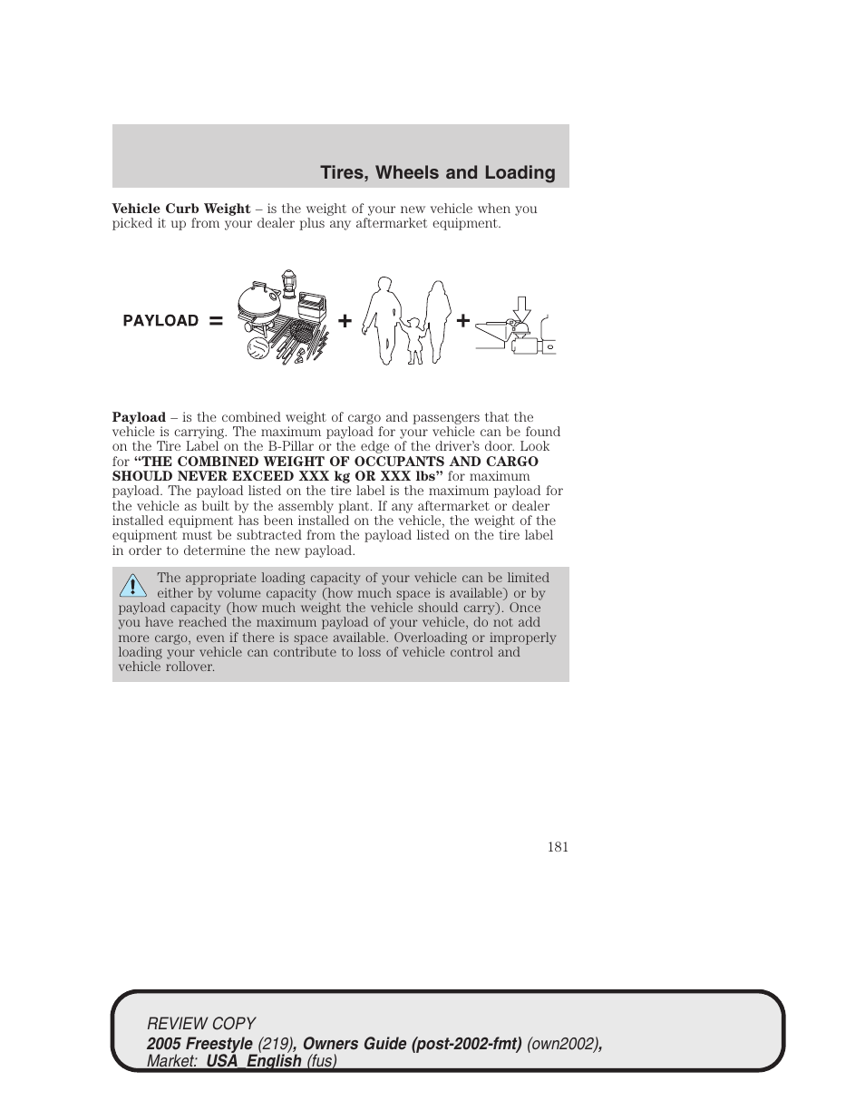 Tires, wheels and loading | FORD 2005 Freestyle v.1 User Manual | Page 181 / 288