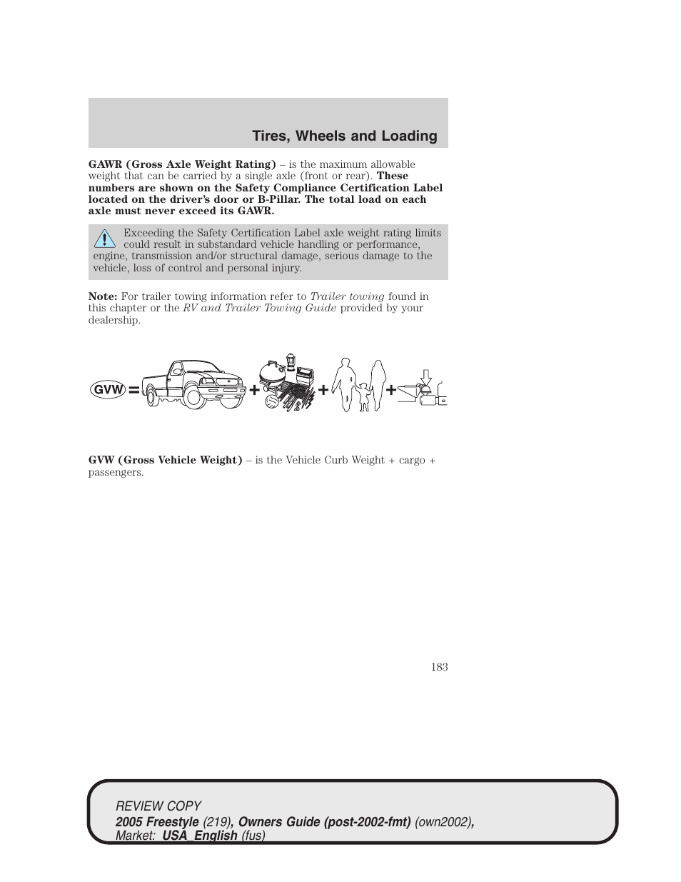 Tires, wheels and loading | FORD 2005 Freestyle v.1 User Manual | Page 183 / 288