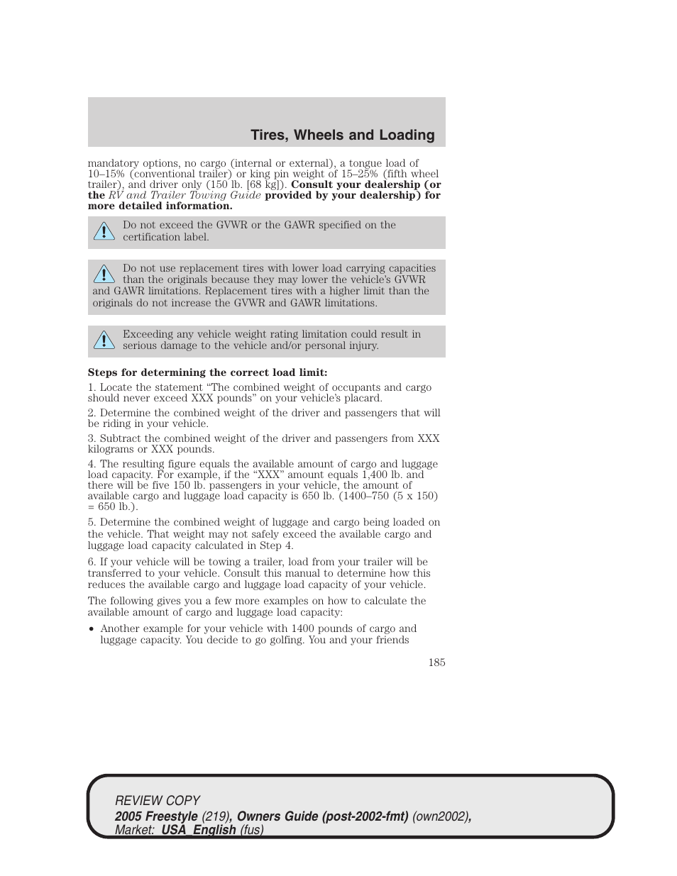 Tires, wheels and loading | FORD 2005 Freestyle v.1 User Manual | Page 185 / 288
