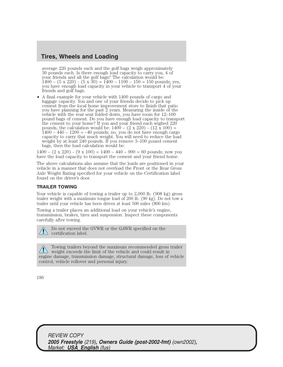 Tires, wheels and loading | FORD 2005 Freestyle v.1 User Manual | Page 186 / 288