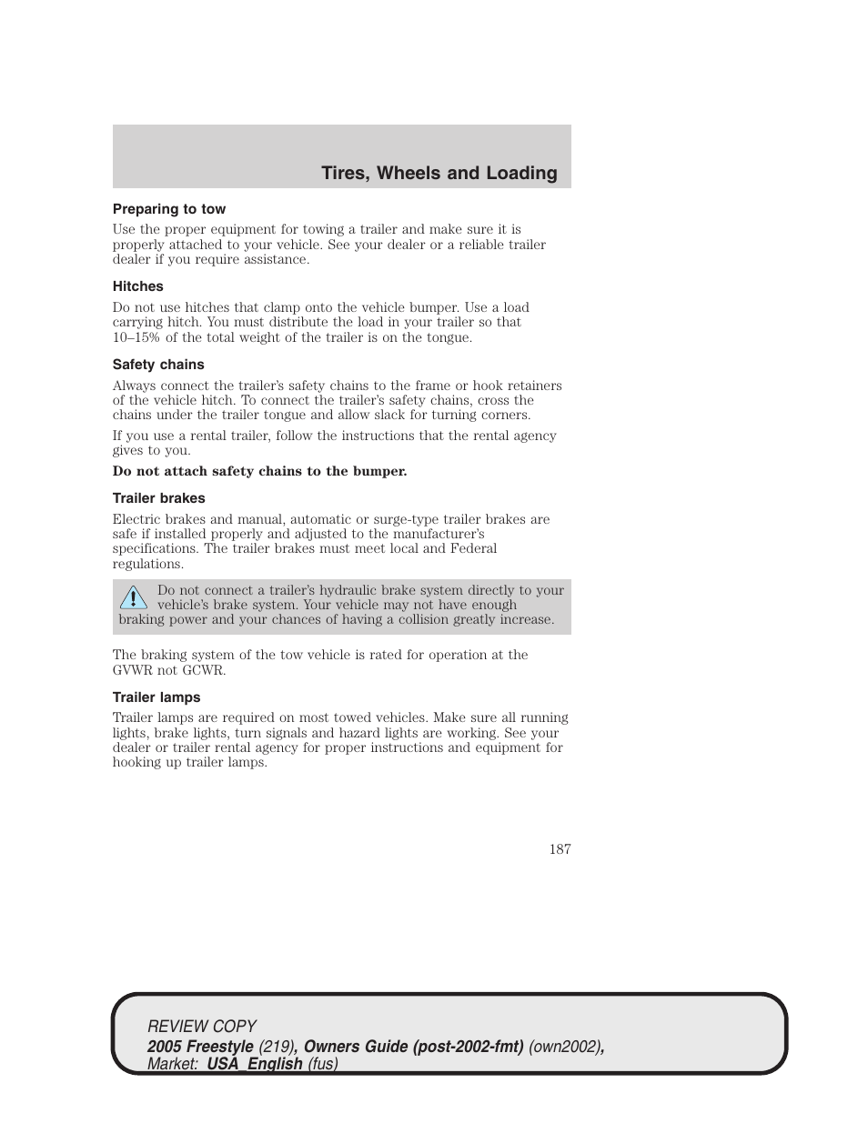 Tires, wheels and loading | FORD 2005 Freestyle v.1 User Manual | Page 187 / 288