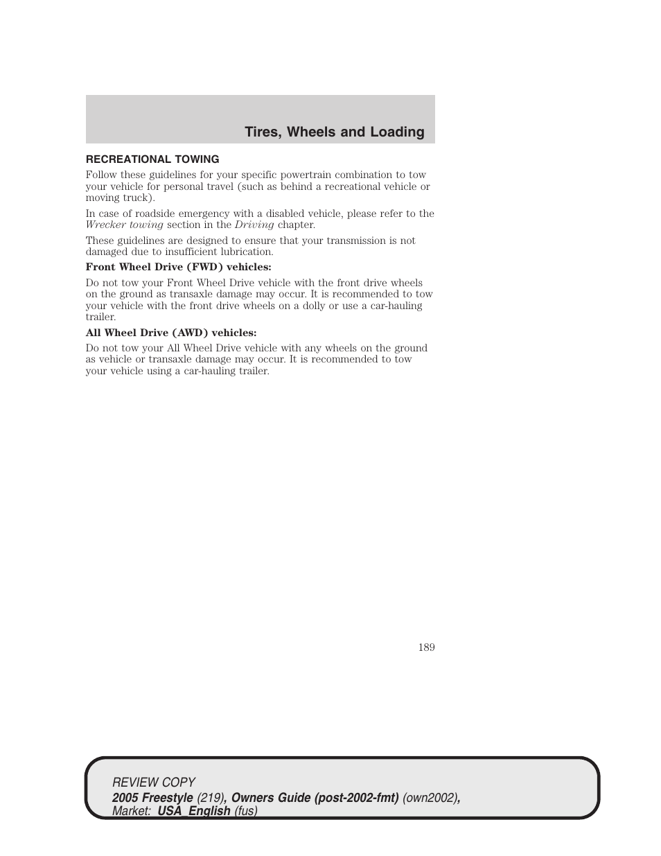 Tires, wheels and loading | FORD 2005 Freestyle v.1 User Manual | Page 189 / 288