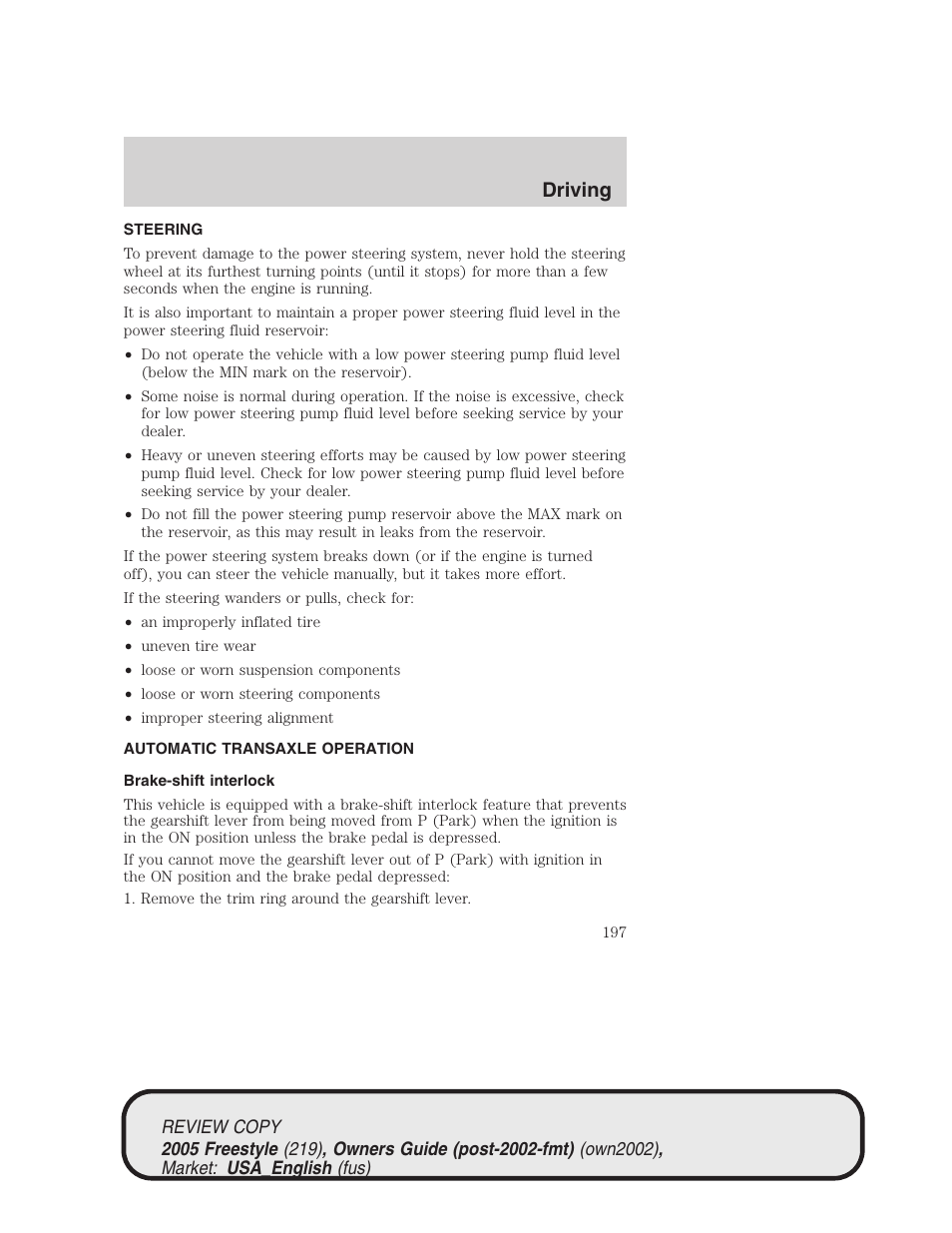 Driving | FORD 2005 Freestyle v.1 User Manual | Page 197 / 288