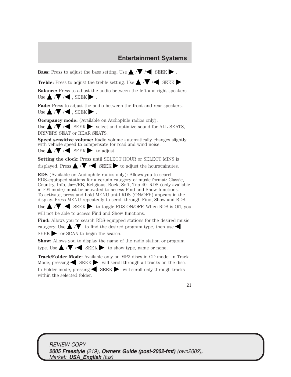 Entertainment systems | FORD 2005 Freestyle v.1 User Manual | Page 21 / 288