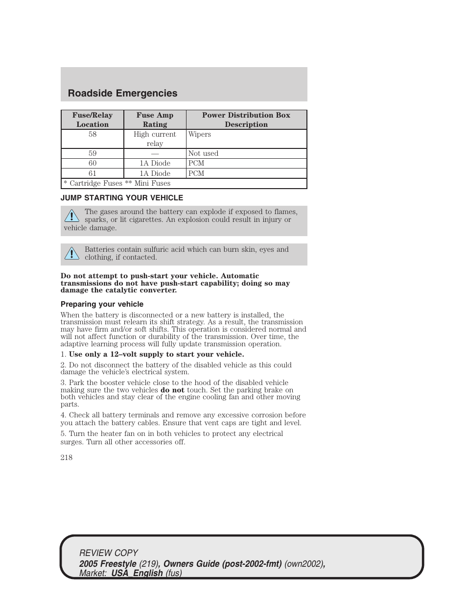 Roadside emergencies | FORD 2005 Freestyle v.1 User Manual | Page 218 / 288