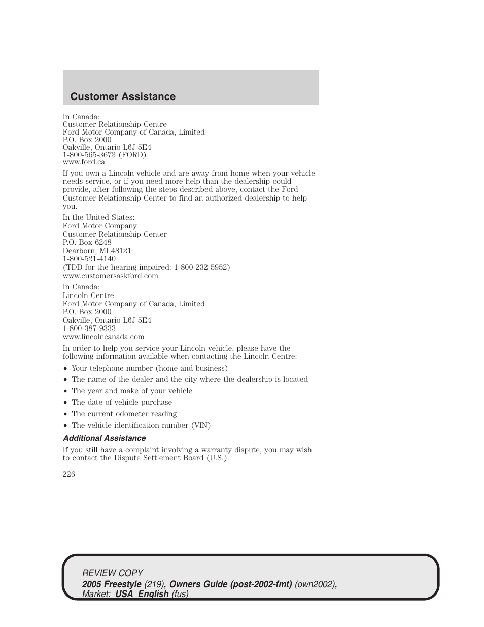 Customer assistance | FORD 2005 Freestyle v.1 User Manual | Page 226 / 288