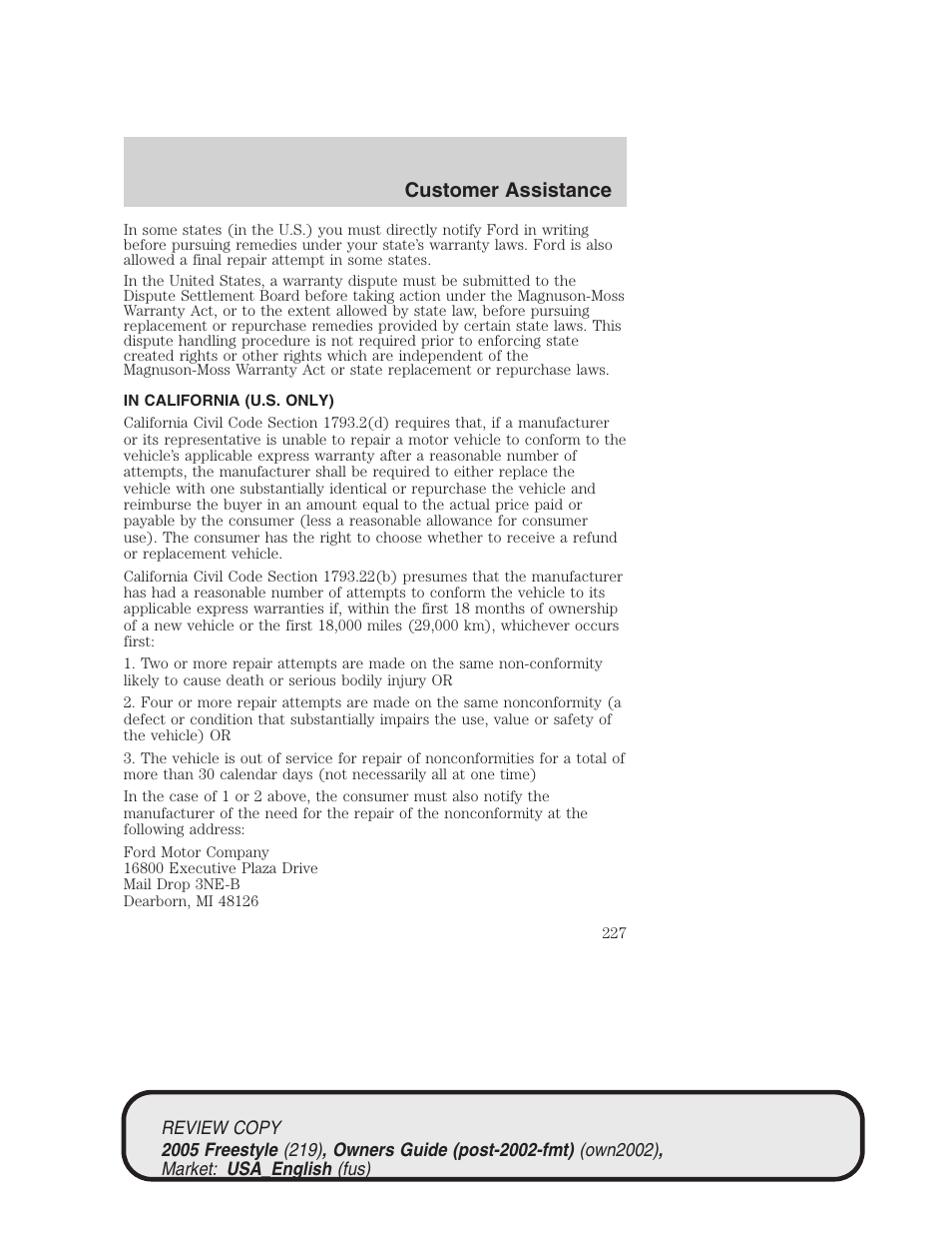 Customer assistance | FORD 2005 Freestyle v.1 User Manual | Page 227 / 288