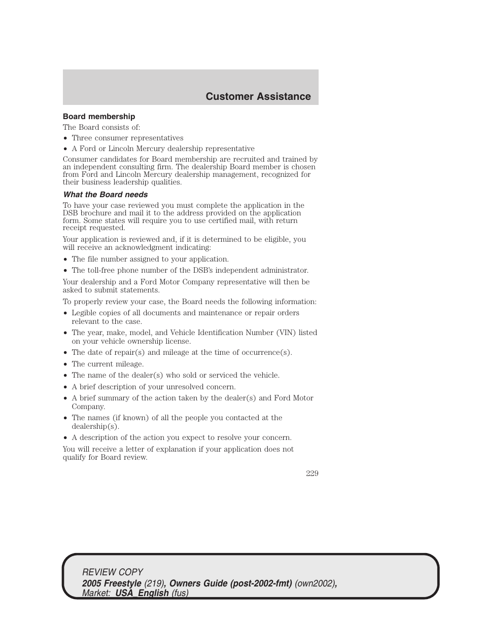 Customer assistance | FORD 2005 Freestyle v.1 User Manual | Page 229 / 288