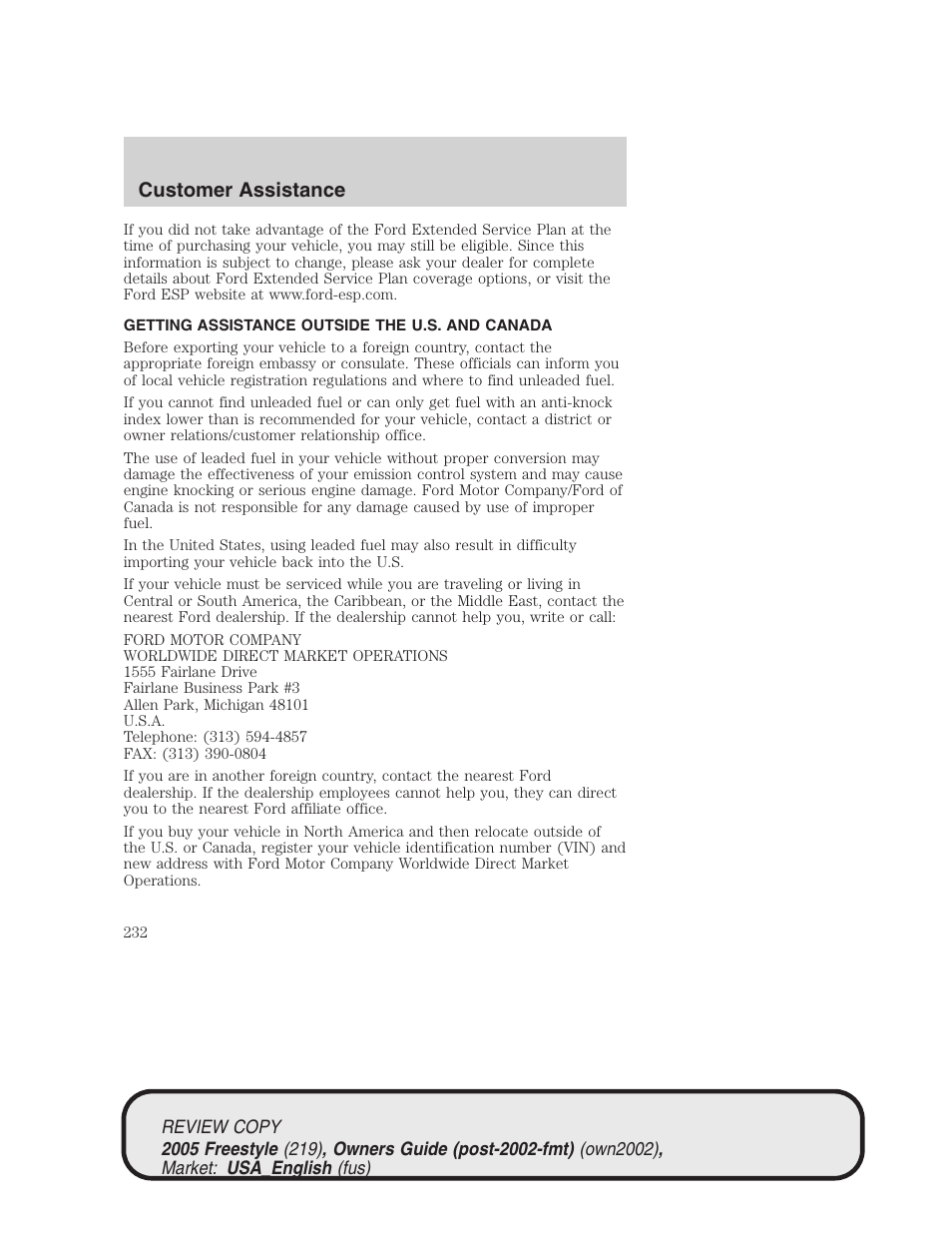 Customer assistance | FORD 2005 Freestyle v.1 User Manual | Page 232 / 288