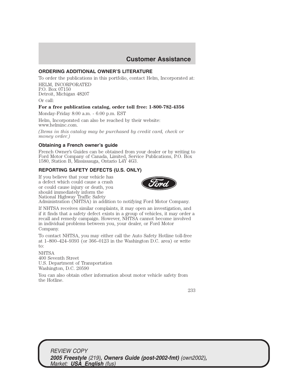Customer assistance | FORD 2005 Freestyle v.1 User Manual | Page 233 / 288