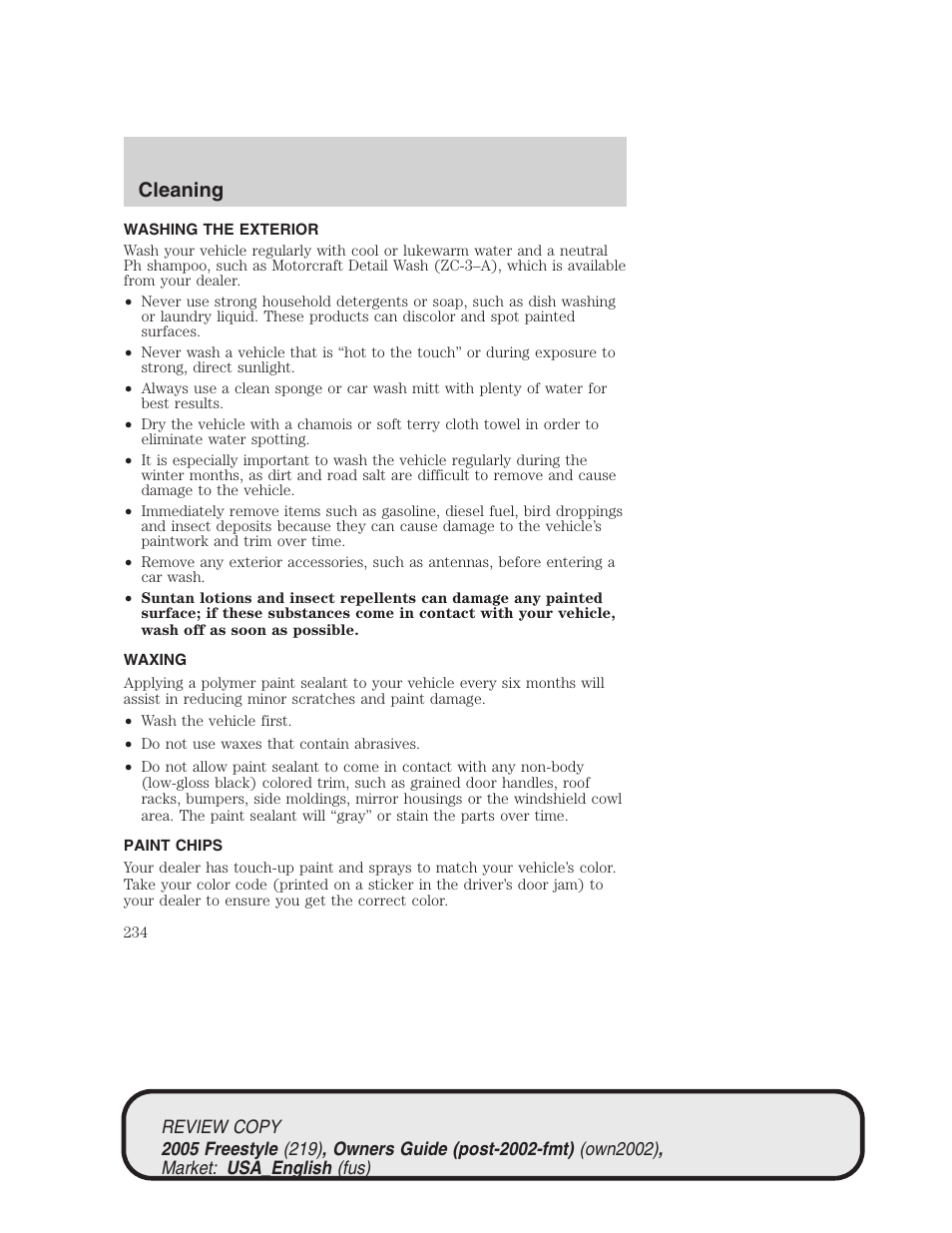 Cleaning | FORD 2005 Freestyle v.1 User Manual | Page 234 / 288