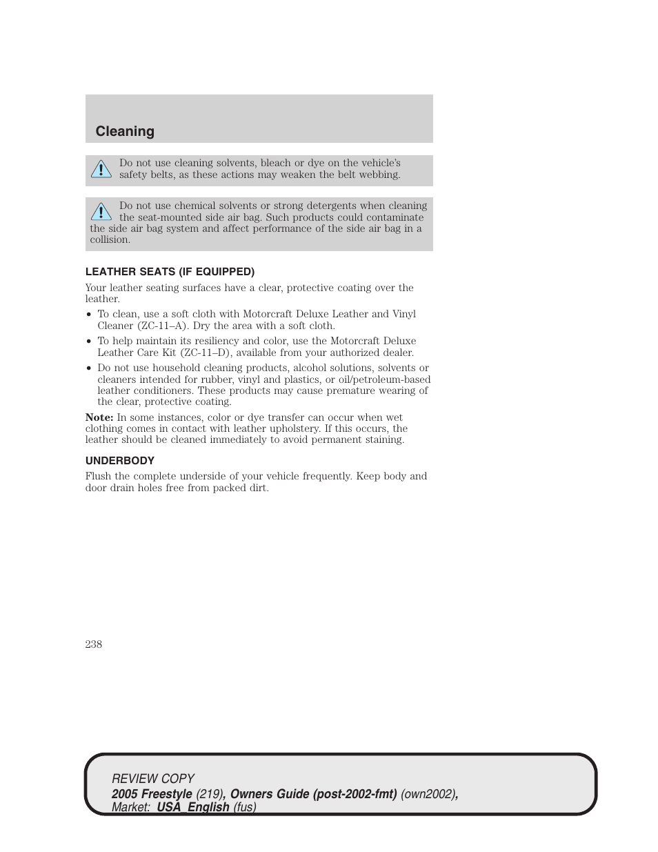 Cleaning | FORD 2005 Freestyle v.1 User Manual | Page 238 / 288