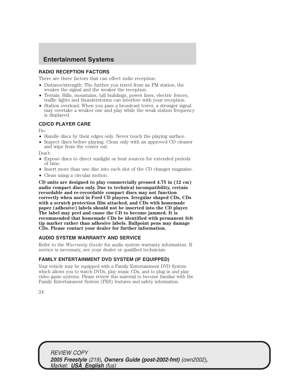 Entertainment systems | FORD 2005 Freestyle v.1 User Manual | Page 24 / 288