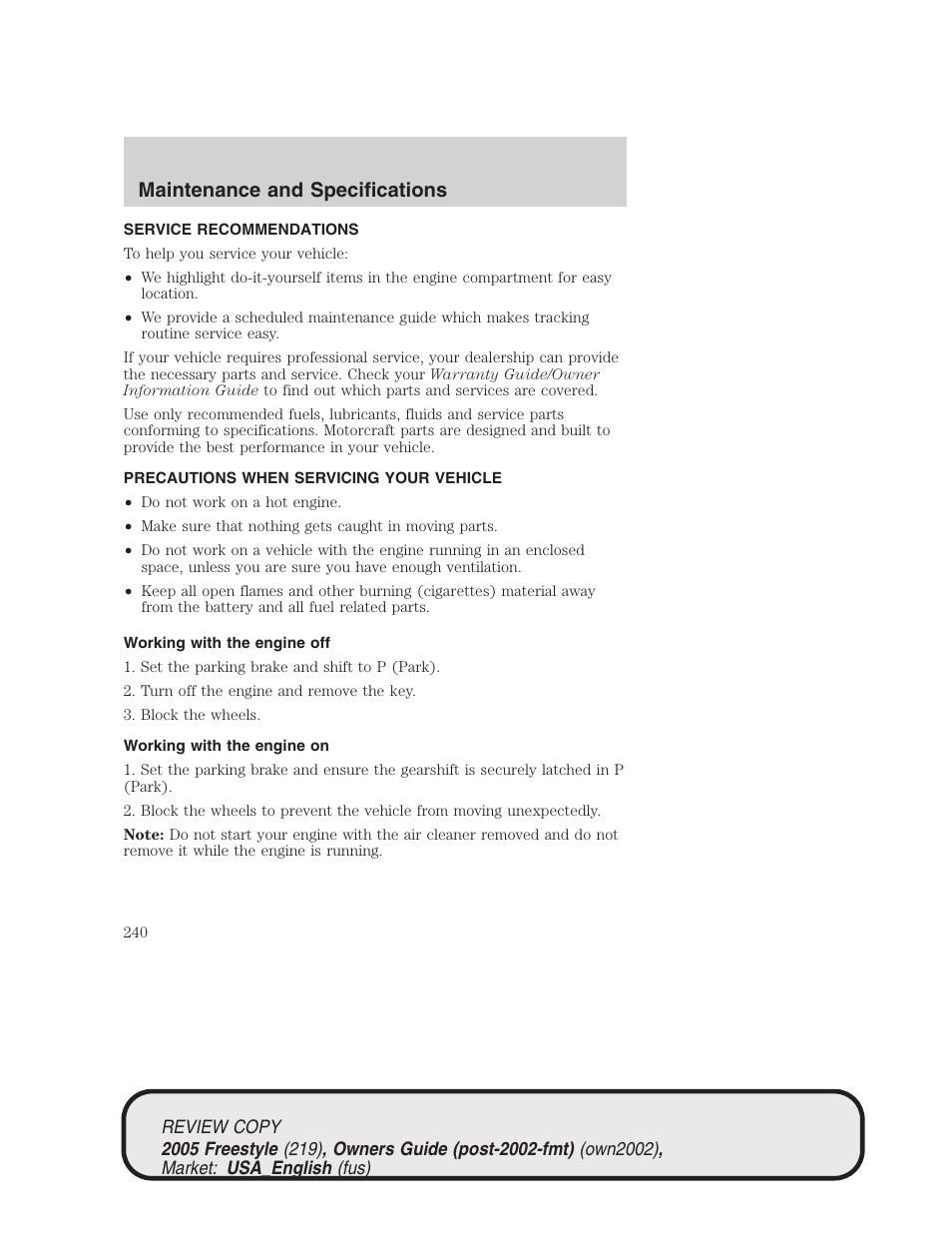 Maintenance and specifications | FORD 2005 Freestyle v.1 User Manual | Page 240 / 288