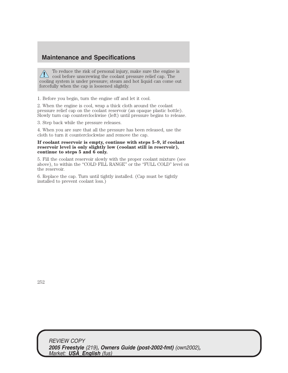 Maintenance and specifications | FORD 2005 Freestyle v.1 User Manual | Page 252 / 288