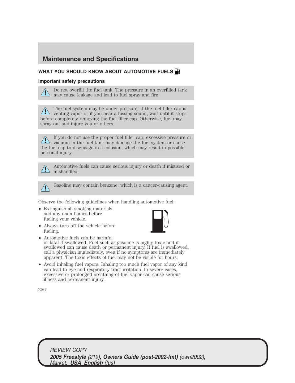 Maintenance and specifications | FORD 2005 Freestyle v.1 User Manual | Page 256 / 288