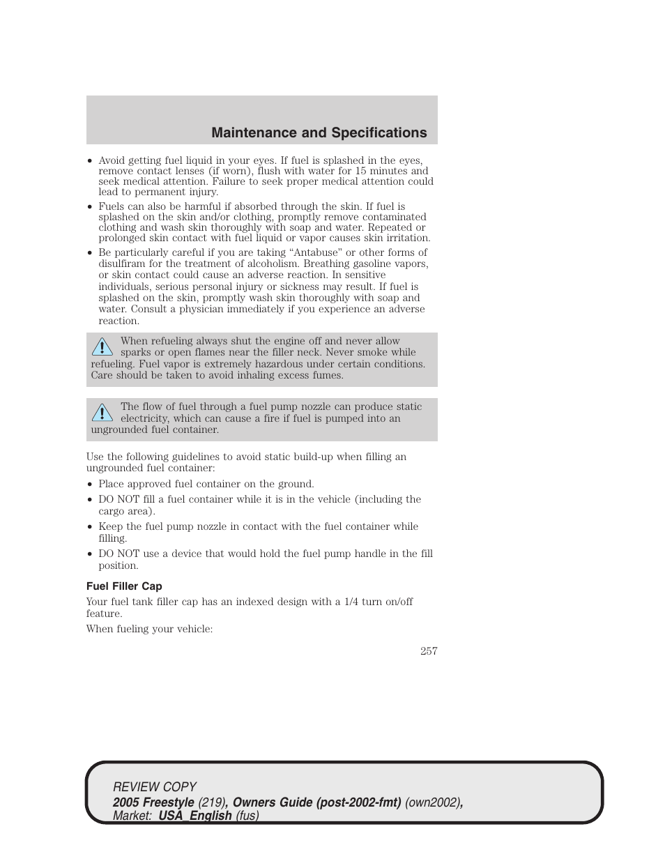 Maintenance and specifications | FORD 2005 Freestyle v.1 User Manual | Page 257 / 288