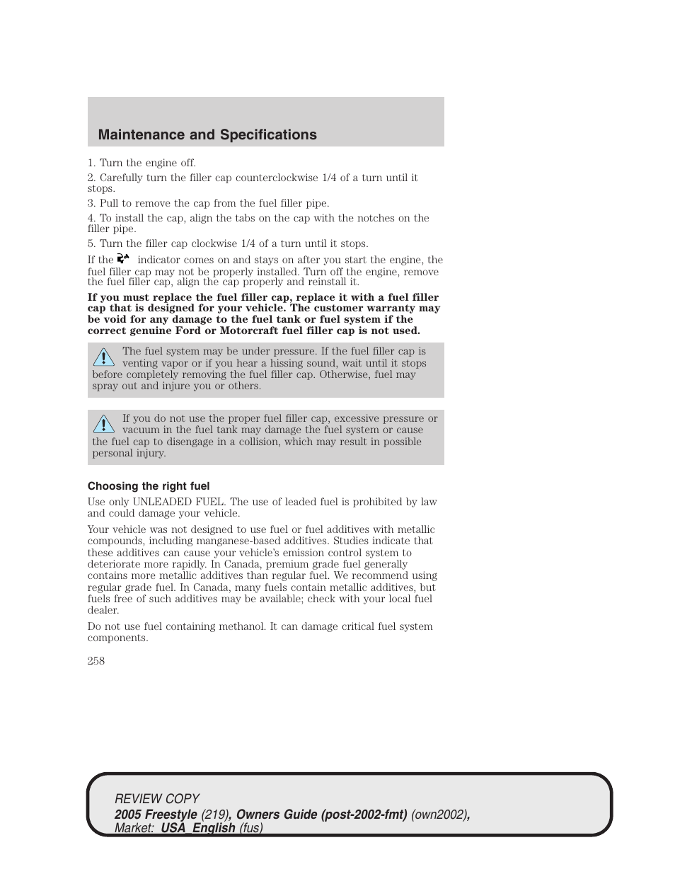 Maintenance and specifications | FORD 2005 Freestyle v.1 User Manual | Page 258 / 288