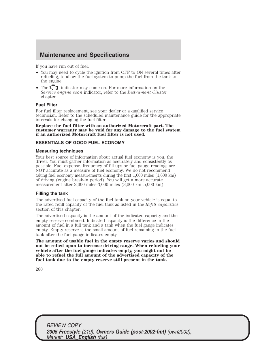 Maintenance and specifications | FORD 2005 Freestyle v.1 User Manual | Page 260 / 288