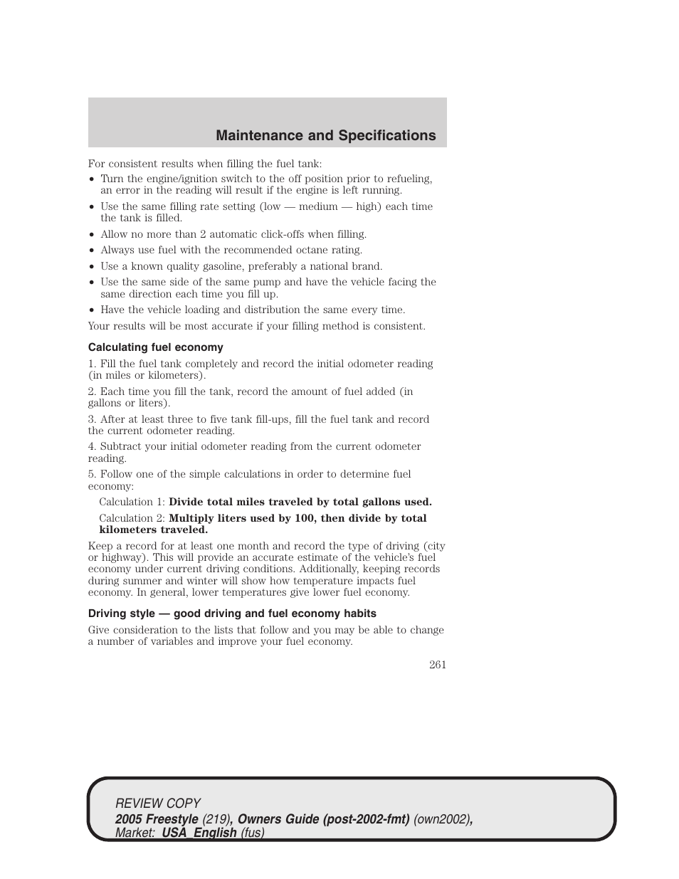 Maintenance and specifications | FORD 2005 Freestyle v.1 User Manual | Page 261 / 288