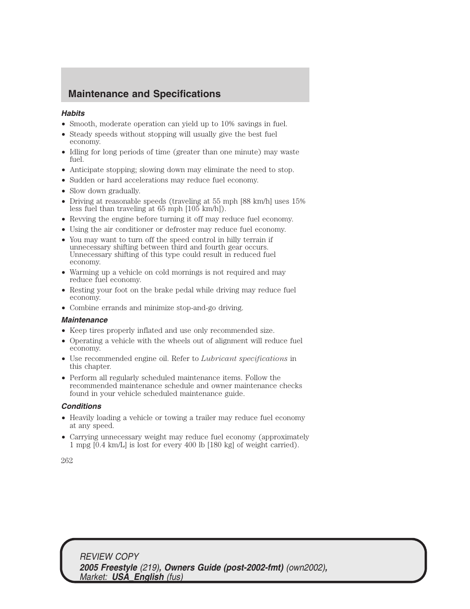 Maintenance and specifications | FORD 2005 Freestyle v.1 User Manual | Page 262 / 288