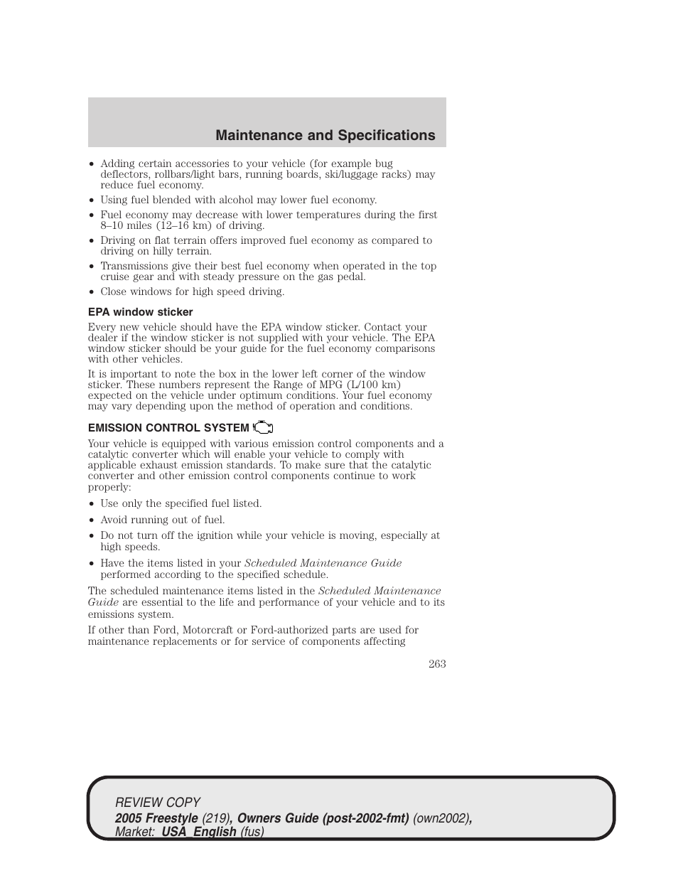 Maintenance and specifications | FORD 2005 Freestyle v.1 User Manual | Page 263 / 288