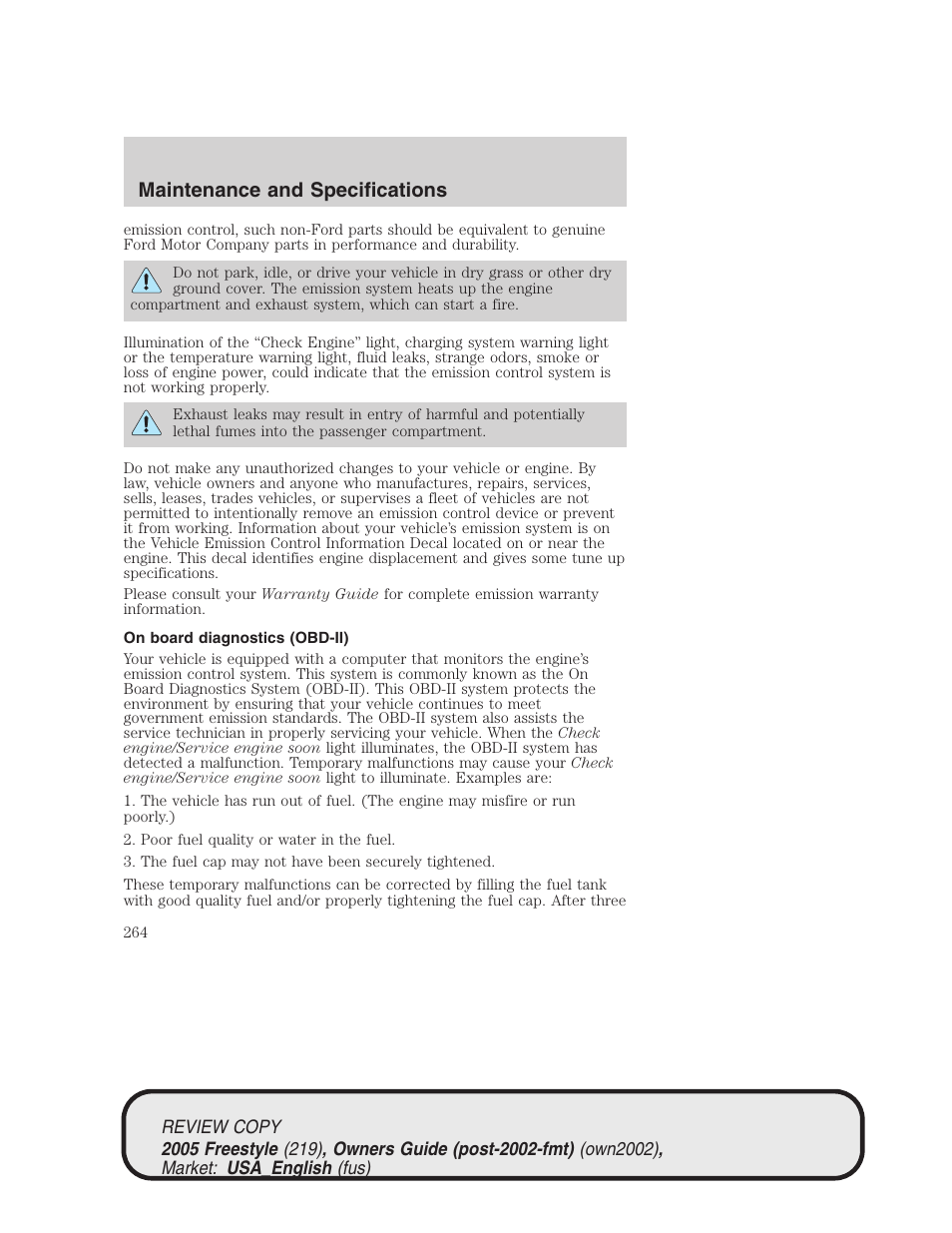 Maintenance and specifications | FORD 2005 Freestyle v.1 User Manual | Page 264 / 288