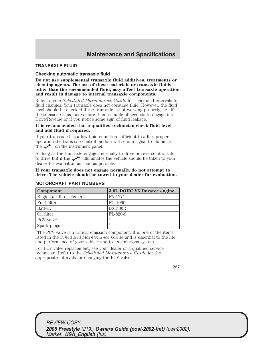 Maintenance and specifications | FORD 2005 Freestyle v.1 User Manual | Page 267 / 288