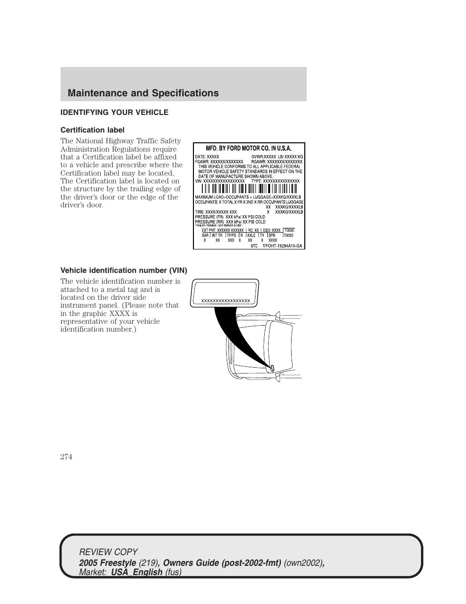 Maintenance and specifications | FORD 2005 Freestyle v.1 User Manual | Page 274 / 288
