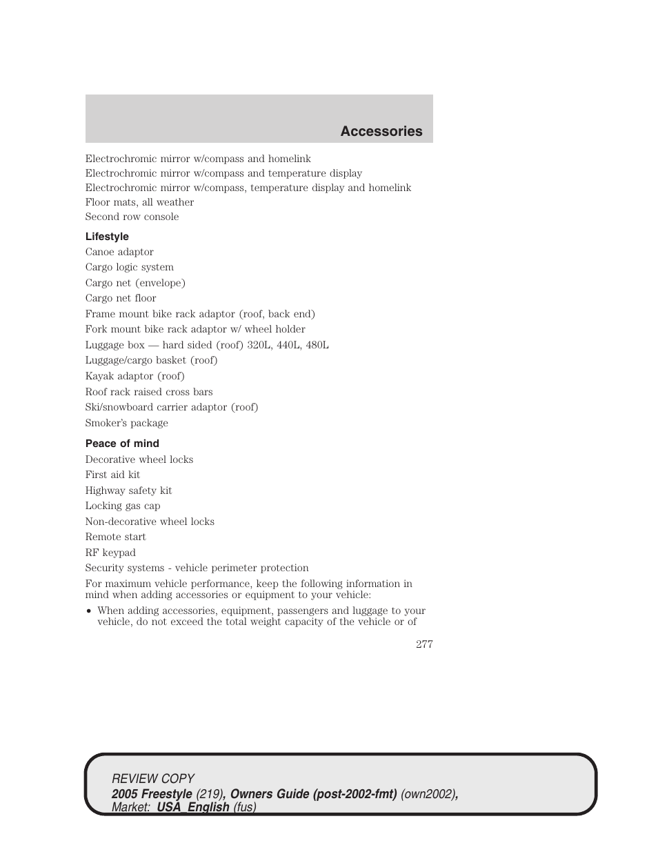Accessories | FORD 2005 Freestyle v.1 User Manual | Page 277 / 288