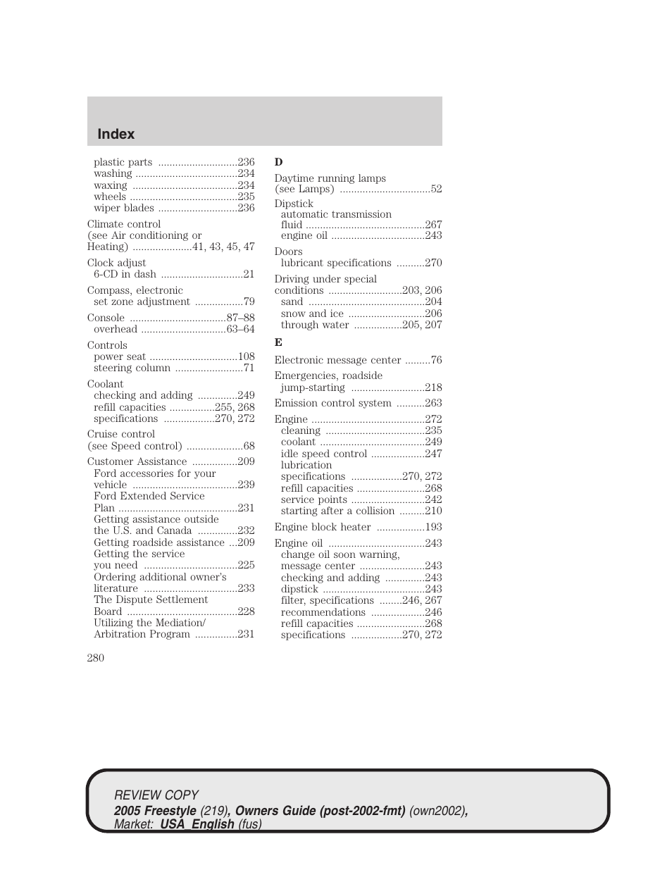 Index | FORD 2005 Freestyle v.1 User Manual | Page 280 / 288