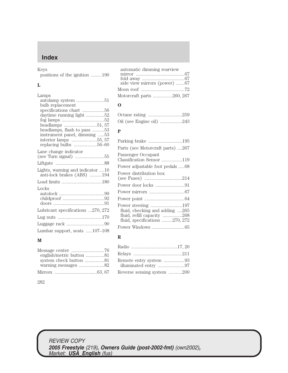 Index | FORD 2005 Freestyle v.1 User Manual | Page 282 / 288