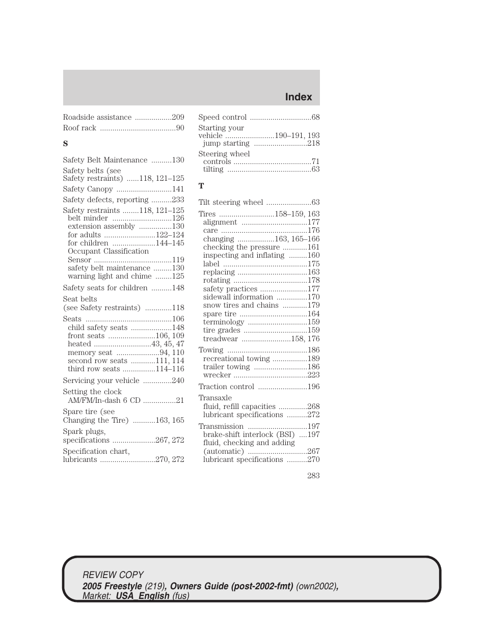 Index | FORD 2005 Freestyle v.1 User Manual | Page 283 / 288