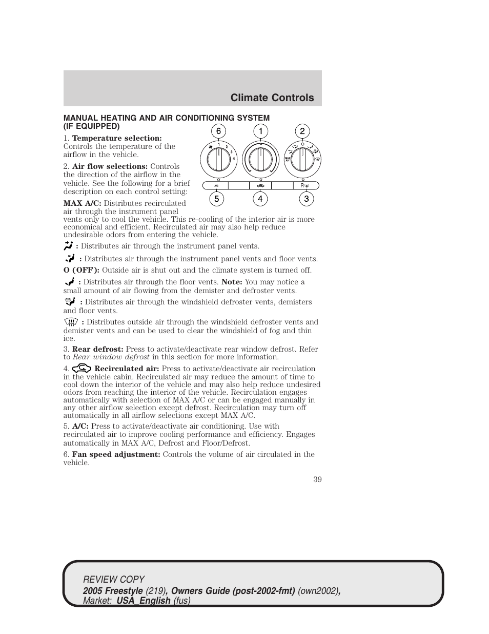 Climate controls | FORD 2005 Freestyle v.1 User Manual | Page 39 / 288