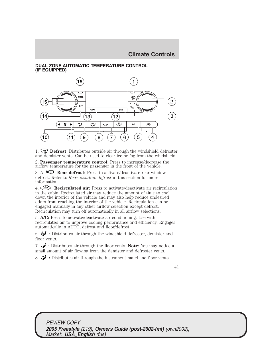 Climate controls | FORD 2005 Freestyle v.1 User Manual | Page 41 / 288