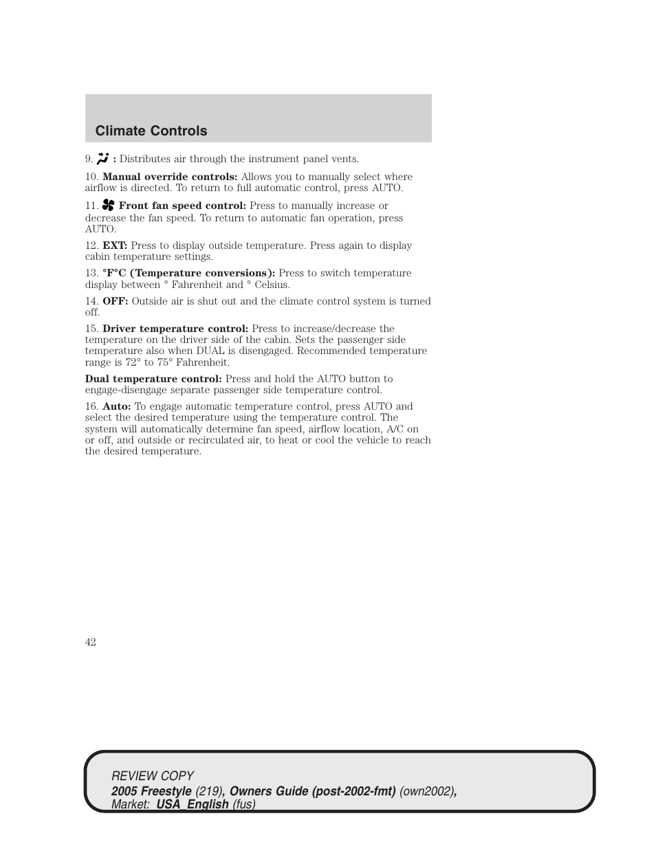 Climate controls | FORD 2005 Freestyle v.1 User Manual | Page 42 / 288