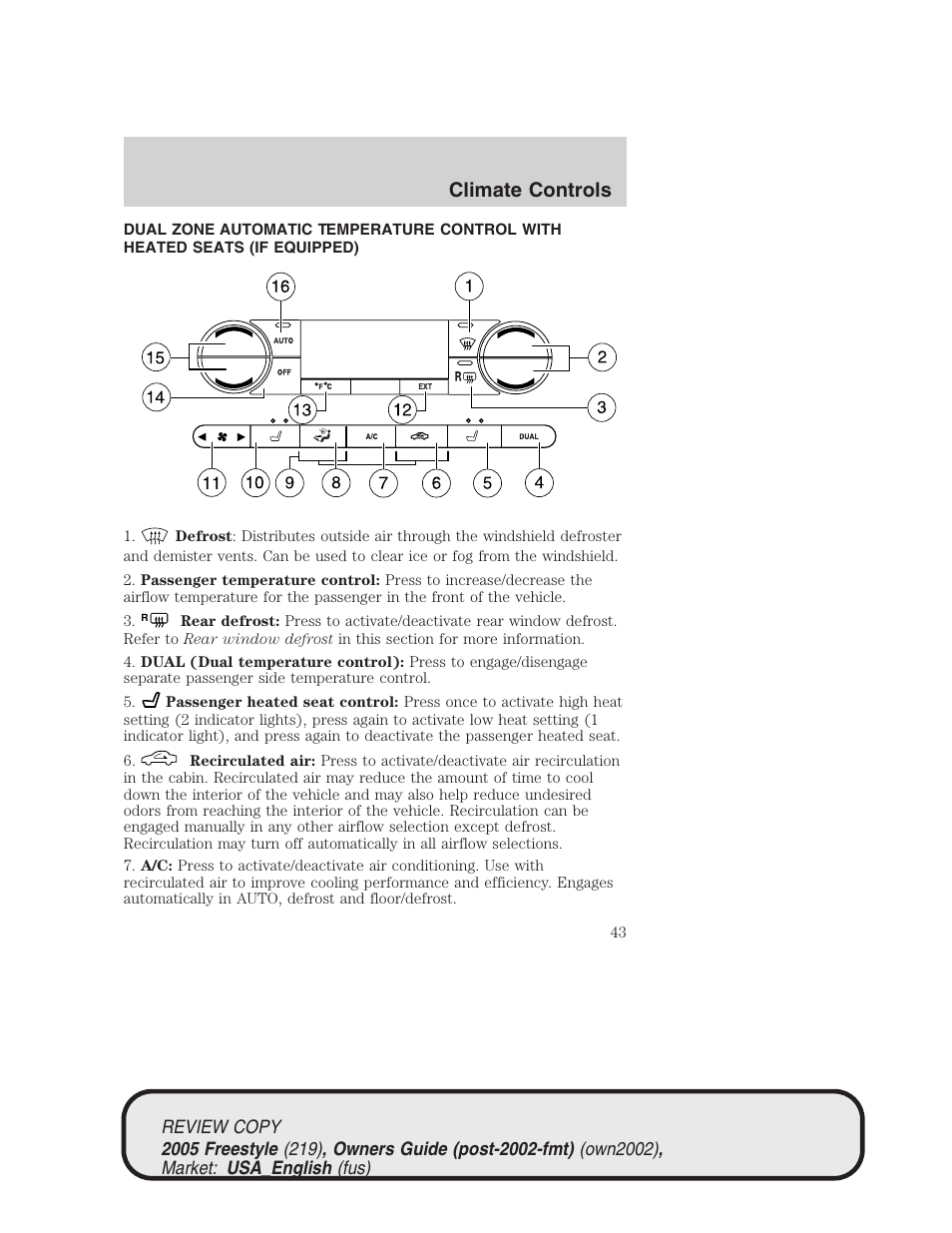 Climate controls | FORD 2005 Freestyle v.1 User Manual | Page 43 / 288