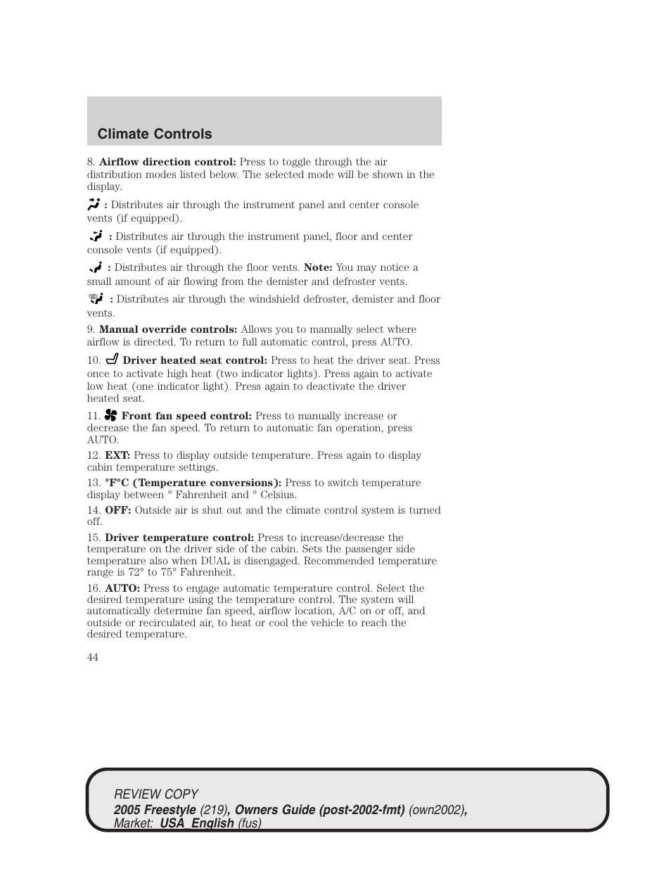 Climate controls | FORD 2005 Freestyle v.1 User Manual | Page 44 / 288