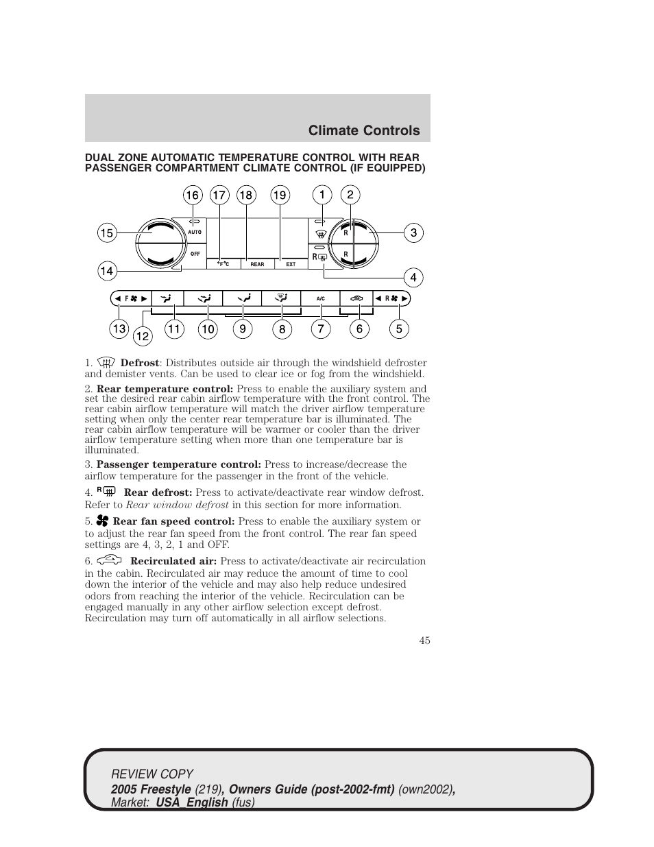 Climate controls | FORD 2005 Freestyle v.1 User Manual | Page 45 / 288