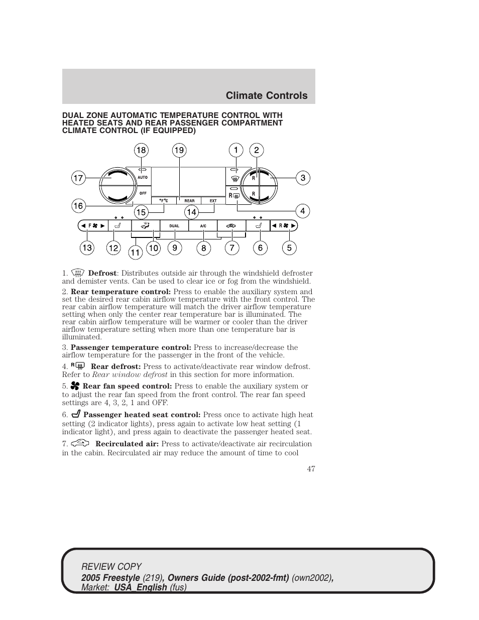 Climate controls | FORD 2005 Freestyle v.1 User Manual | Page 47 / 288